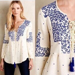 Anthropologie Vanessa Virginia 0 Libra Peasant Top Embroidered Womens